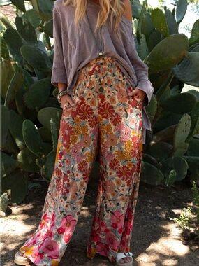 Three Bird Nest Floral Wide-Leg Pants in Rust & Pink Mix